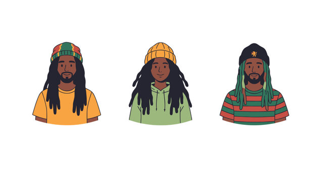 Three diverse men with dreadlocks wearing colorful beanies and shirts, representing Rastafarian culture.