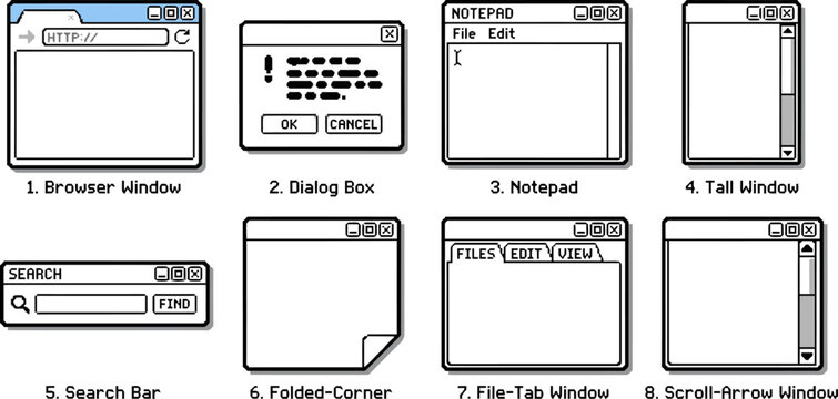 Retro computer window vector set, vintage 90s operating system interface elements, 8 nostalgic pixel style desktop browser and dialog box icons