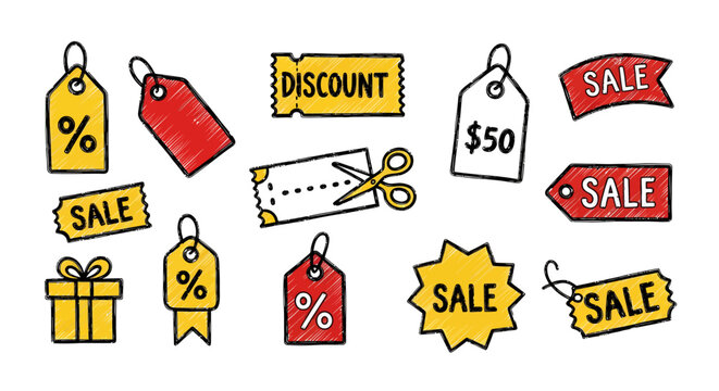 Hand drawn sale stickers and discount coupon tags set for shopping