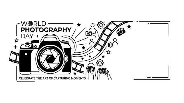 World Photography Day Line Art Illustration with Camera and Film Strip