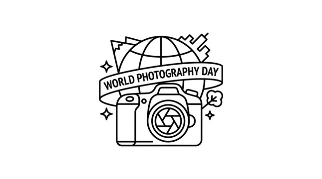 World Photography Day Line Art Illustration with Camera and Globe