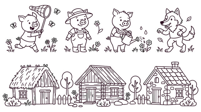 Three little pigs fairytale scene with cute characters and house set.