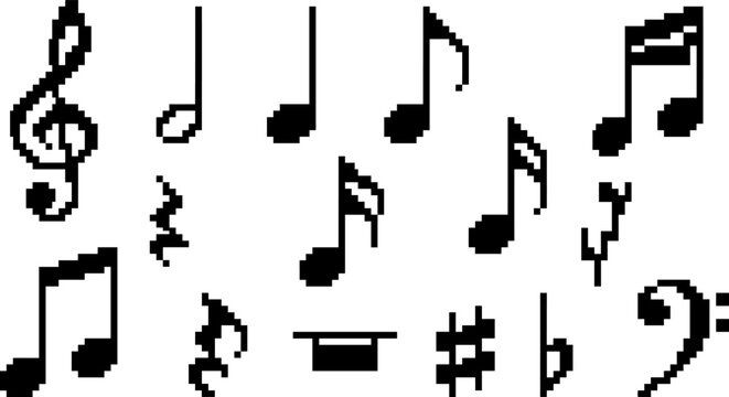 Pixel art music notes set, retro 8-bit musical notation icons, black lo-fi digital audio symbols for gaming and interface design