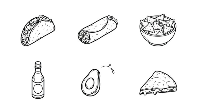 A collection of six hand-drawn Mexican food icons including a taco, burrito, nachos, hot sauce, avocado, and quesadilla.