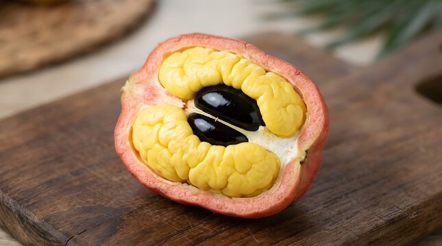 Freshly Cut Half of an Akebia Quinata Fruit Displayed on a Rustic Wooden Cutting Board for Culinary Presentation