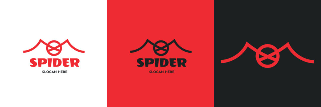 Minimalist abstract spider logo template presentation in three bold color options. Modern vector line art icon of a corporate brand identity featuring a stylized line drawing of spider legs with a rou