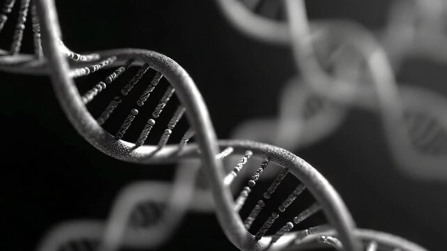 Close-up of double helix DNA strands in a laboratory setting.