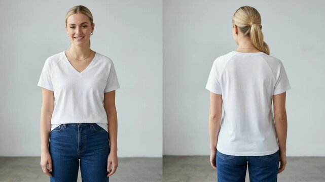 A woman modeling a white t-shirt with a distinctive design from the front and back angles. She is wearing blue jeans, showcasing the versatility of the clothing item.