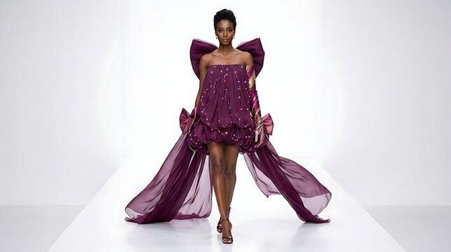 High-fashion adult model walking forward in a voluminous plum-colored avant-garde dress with puff sleeves, decorative bows, and a sweeping sheer train on a seamless white studio background.