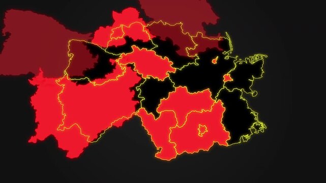 Animated map of Germany with highlighted regions in red on a dark gray gradient background, ideal for geography, travel, news, business, and infographic projects.