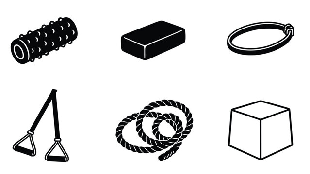 Collection of black and white icons representing fitness equipment for exercise and training.