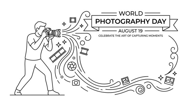 World Photography Day Line Art Illustration with Photographer and Camera Elements