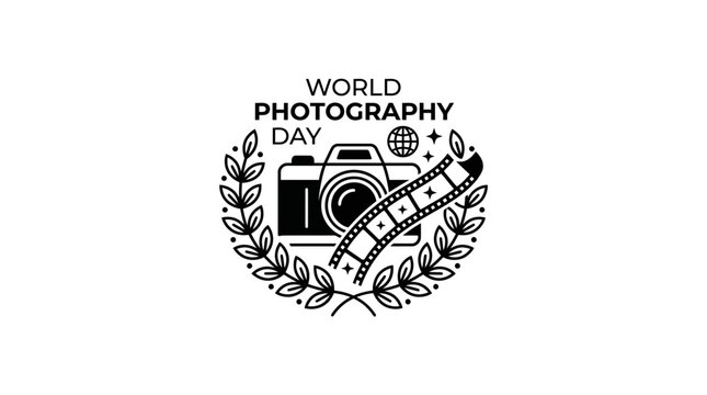 World Photography Day Emblem with Camera and Film Strip