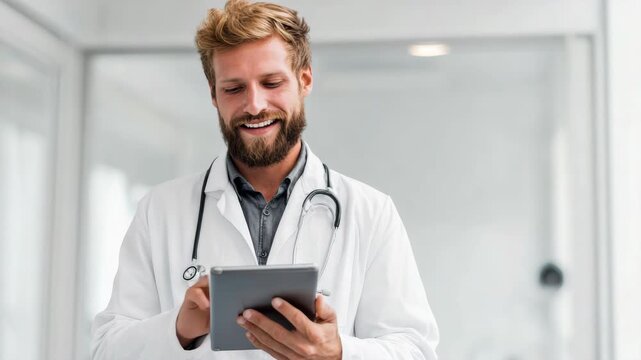 Smiling professional medical physician looking at electronic tablet in white coat.