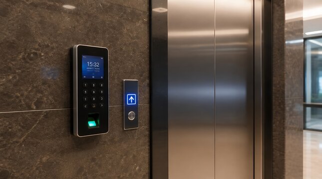 Modern elevator access control system with biometric fingerprint scanner and digital keypad in office building.