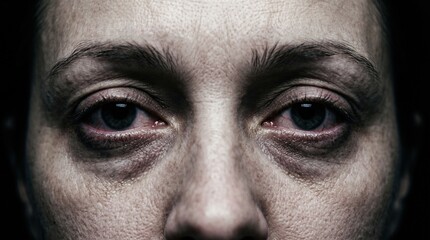 Naklejka premium Close-Up of Tired Woman Eyes with Dark Circles and Bloodshot Sclera