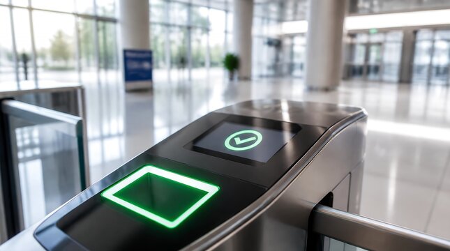 Modern Security Turnstile with Biometric Fingerprint Scanner and Green Access Granted Icon.