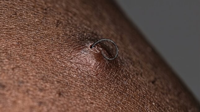 Close-Up of Ingrown Hair Loop Trapped Under Inflamed Dark Skin
