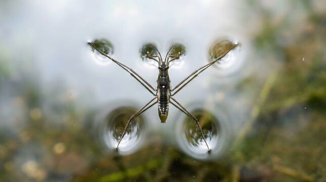 Macro Photography of a Water Strider Walking on the Surface of a Pond Showing Intricate Ripples and Refractions
