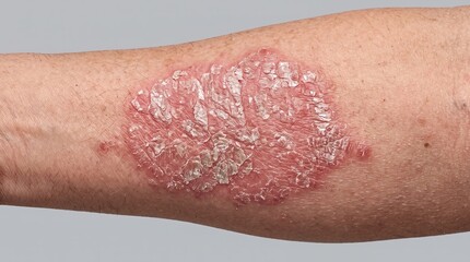 Fototapeta premium Close-Up of Plaque Psoriasis with Silvery Scales on Human Arm