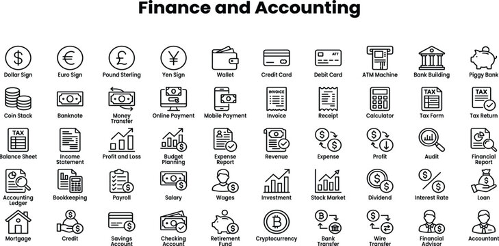 Finance and accounting icon set featuring budget planning, financial reporting, bookkeeping, tax management, revenue growth, cash flow, audit, and investment analysis symbols.