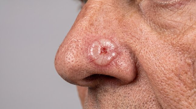 Close-Up of Basal Cell Carcinoma Ulcerated Skin Lesion on Nose