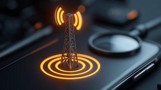 A telecommunications tower projected above a smartphone represents mobile connectivity and wireless network coverage.
