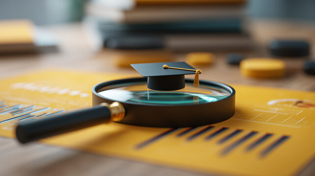 A magnifying glass focused on a graduation cap representing academic research education assessment and qualification review
