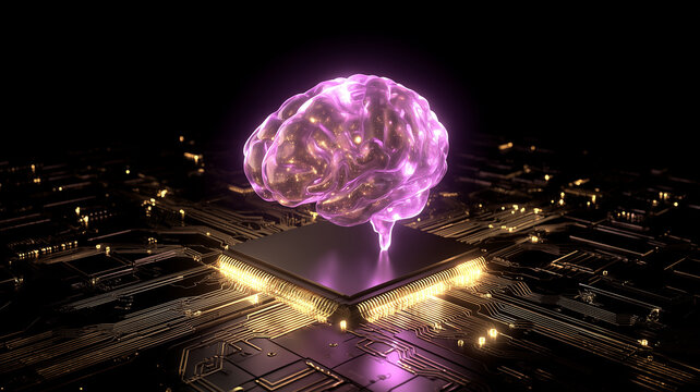 A glowing brain above a computer processor representing artificial intelligence neural computing and advanced data processing

