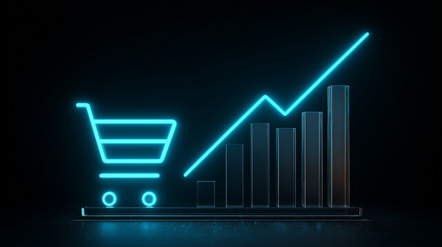 A shopping cart beside a rising bar chart represents ecommerce growth and increasing online sales performance.
