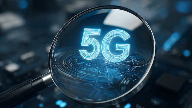 Magnifying glass focused on 5G circuitry representing network research connectivity and next generation communication
