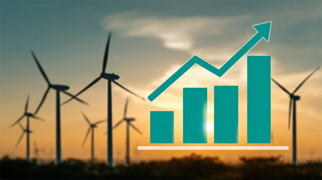 A rising chart over wind turbines represents renewable energy growth and sustainable market investment.
