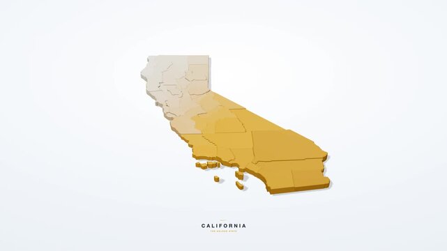 California USA 3D isometric state map with county borders rotating on a clean white background, the Golden State, seamless loop animation