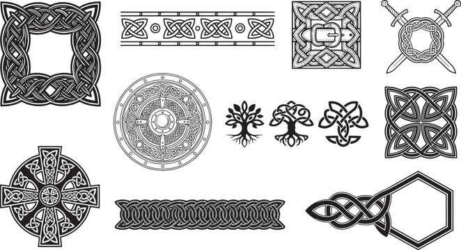 Assorted black and white celtic knotwork collection featuring circular shields, tree of life, crosses, swords, and decorative linear borders