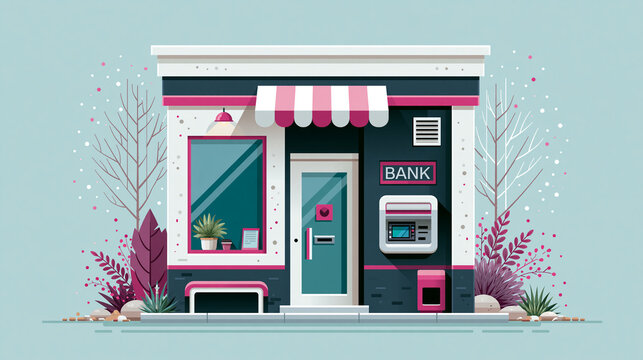 ピンクのATMと縞模様のひさしが可愛い小さな銀行店舗のかわいいフラットイラスト