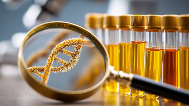 A magnifying glass enlarging a DNA helix beside laboratory sample vials, representing genetic testing and precision medicine research.
