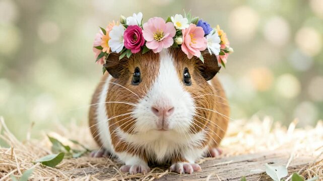Adorable pet guinea pig with a vibrant flower crown, posing for the camera in natural light.
