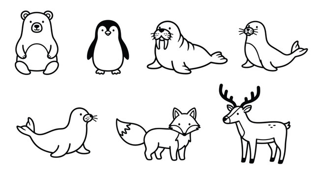 Collection of cute cartoon arctic animals including a polar bear, penguin, walrus, seals, fox, and reindeer.