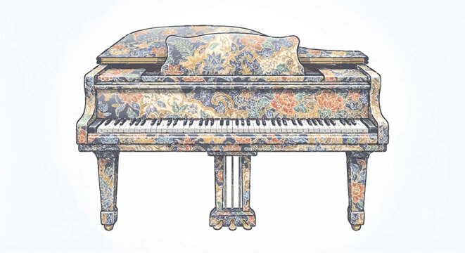 Grand Piano Vector Illustration with Traditional Indonesian Batik Pattern | Elegant Luxury Instrument Isolated on White Background