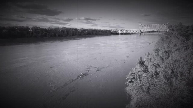 Vintage Silent Film Style Missouri River and ASB Railroad Bridge in Kansas City 4K