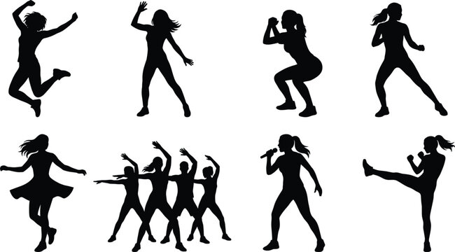 Women Fitness Dance and Workout Silhouette Collection with Active Lifestyle Vector Poses
