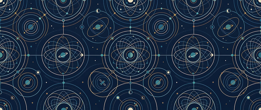 Orbits and planetary rings form a complex geometric network of celestial circles and nodes on a navy background.