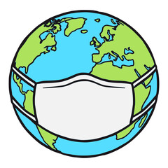 earth with mask covid-19 pandemic crisis protection danger epidemic flat color vector illustration template design