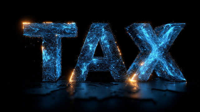 The word TAX formed by digital network particles represents modern taxation and technology driven financial compliance.
