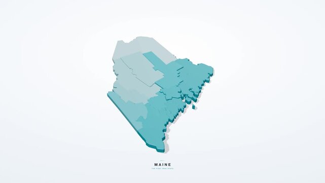 Maine USA 3D isometric state map with county borders rotating on a clean white background, the Pine Tree State, seamless loop animation