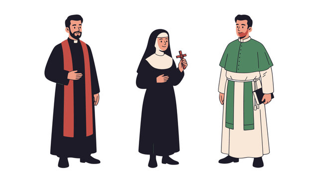 Three religious figures, a priest, a nun, and a minister, standing together.