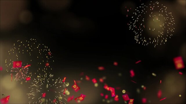 Fireworks explode in the night sky alongside falling red envelopes to represent cultural prosperity and festive traditions with a dark background providing excellent contrast for text placement.