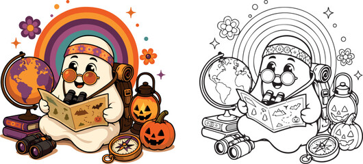 Fototapeta premium Cute Halloween Ghost Travel Adventure Coloring Page with Retro Rainbow, World Globe, Treasure Map, Binoculars, Backpack, Compass, Pumpkin Lantern and Kawaii Hippie Cartoon Character Vector Illustratio