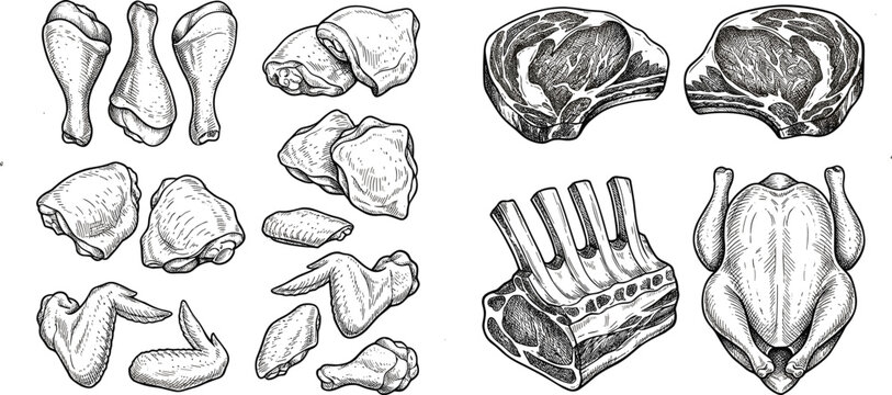 Vector set of fresh raw meat cuts including chicken drumsticks wings whole bird steak and ribs in vintage engraved hand drawn style isolated on white background