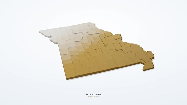 Missouri USA 3D isometric state map with county borders rotating on a clean white background, the Show Me State, seamless loop animation